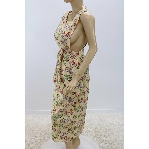 Long Bib Apron Bicycles on Yellow seersucker fabric Wrap style Pinafore M L - Picture 4 of 9
